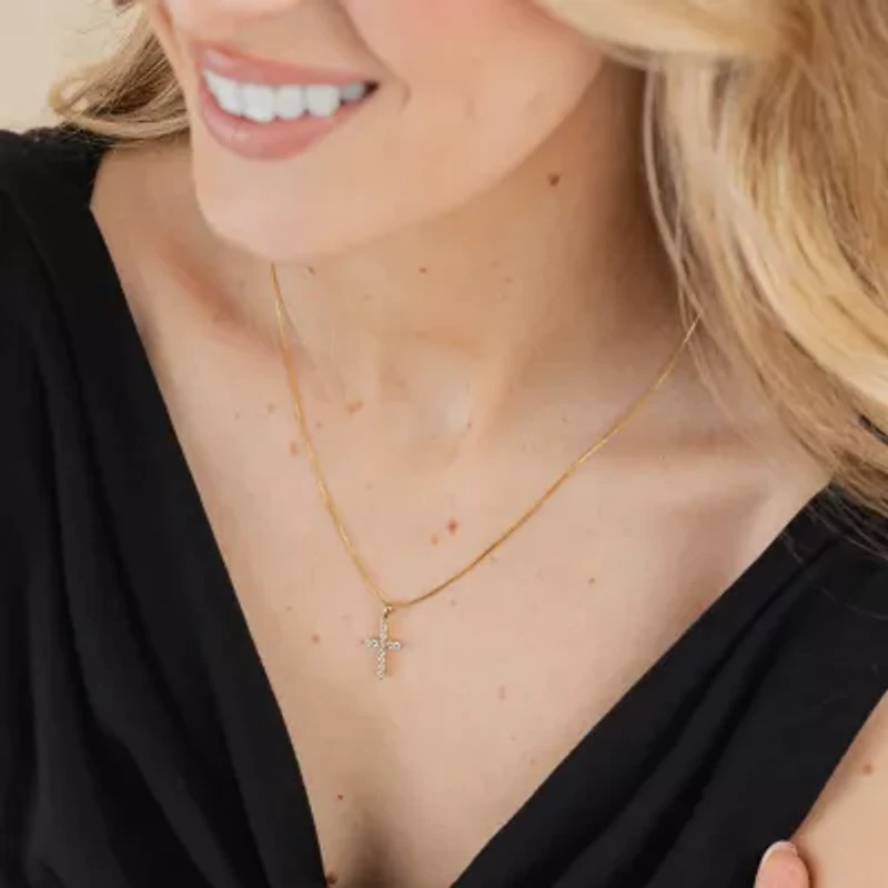 Womens 1/4 CT. T.W. Natural White Diamond 14K Gold Cross 18 Inch Pendant Necklace