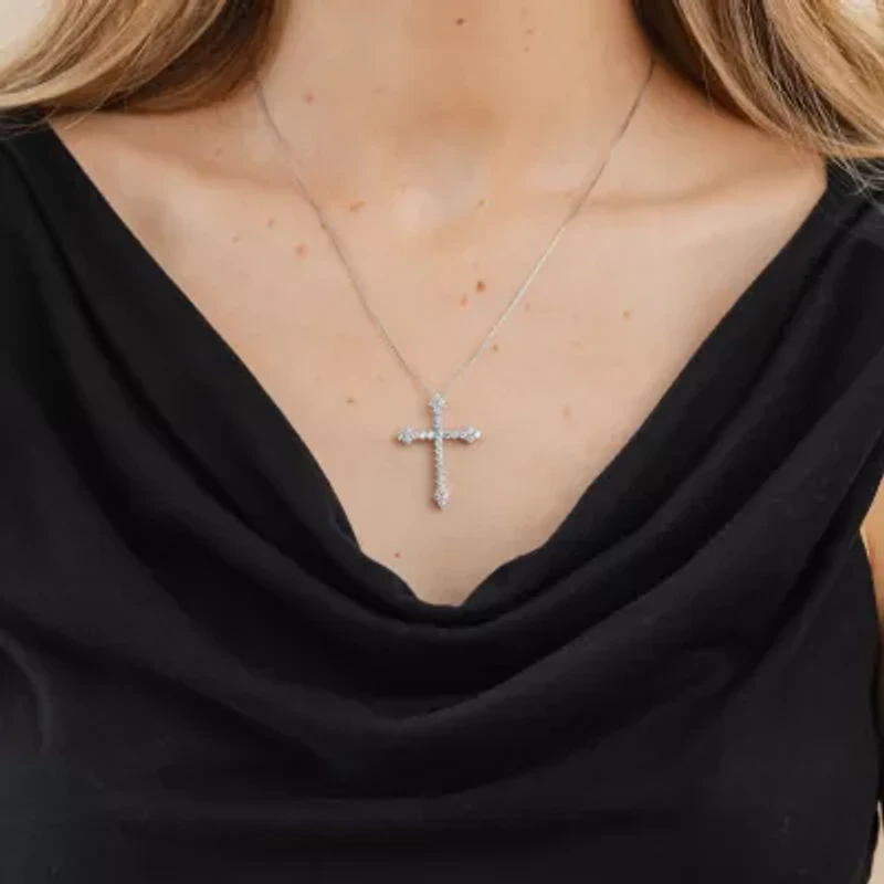 (H / Si2) Womens 1 CT. T.W. Lab Grown White Diamond 10K White Gold Cross 18 Inch Pendant Necklace