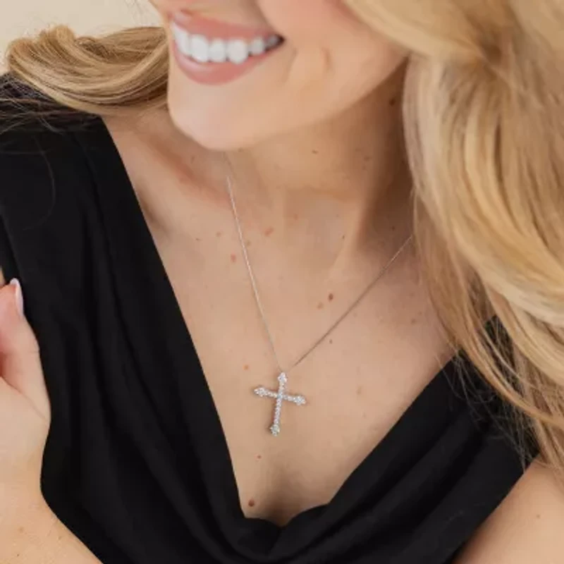 (H / Si2) Womens 1 CT. T.W. Lab Grown White Diamond 10K White Gold Cross 18 Inch Pendant Necklace