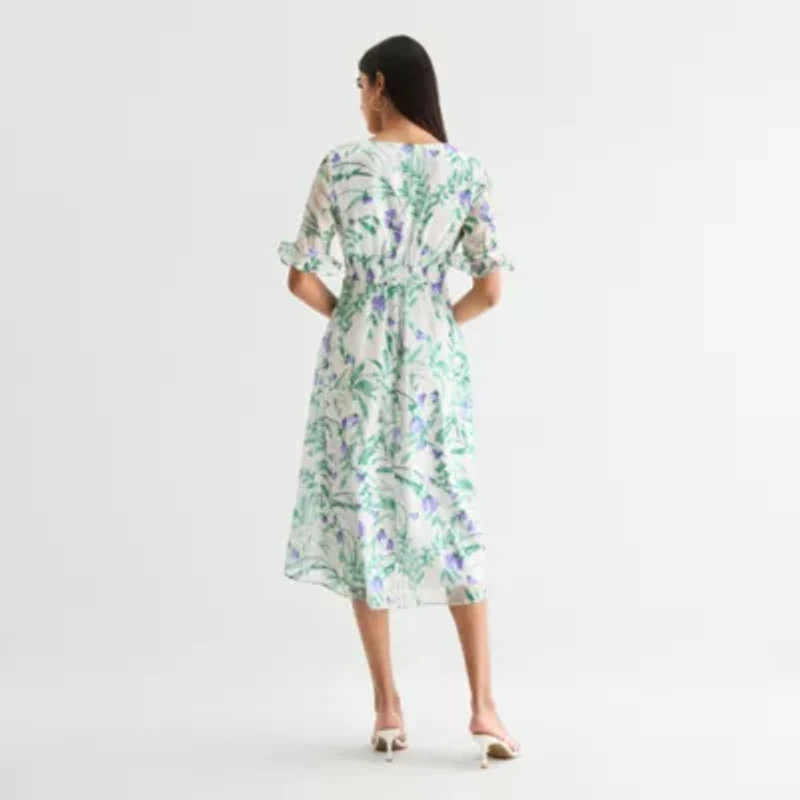 Perceptions Womens Short Sleeve Floral Midi Fit + Flare Dress