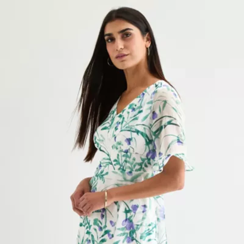 Perceptions Womens Short Sleeve Floral Midi Fit + Flare Dress