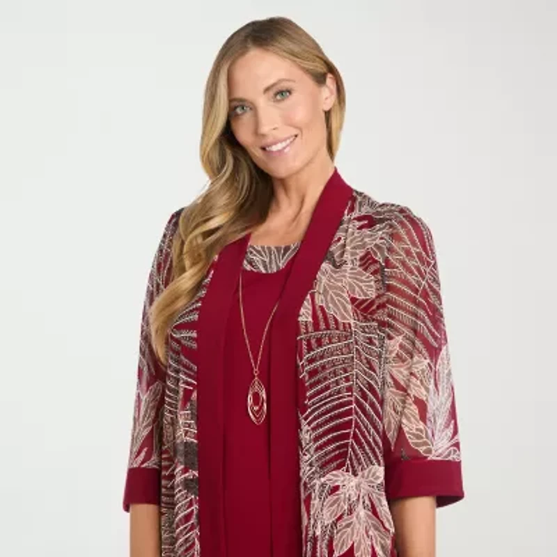 R & M Richards Womens Floral Jacket Dress With Removable Necklace Petite