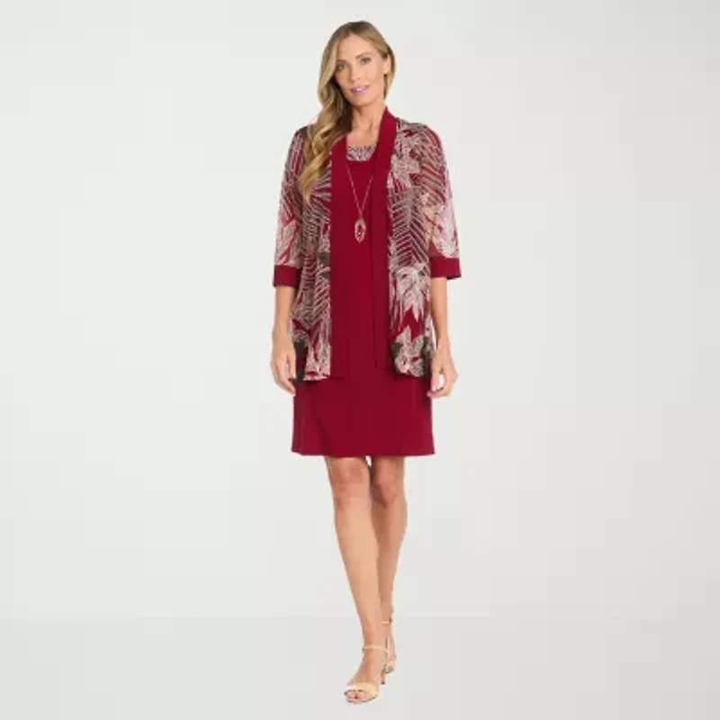 R & M Richards Womens Floral Jacket Dress With Removable Necklace Petite