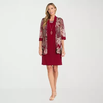 R & M Richards Womens Floral Jacket Dress With Removable Necklace Petite