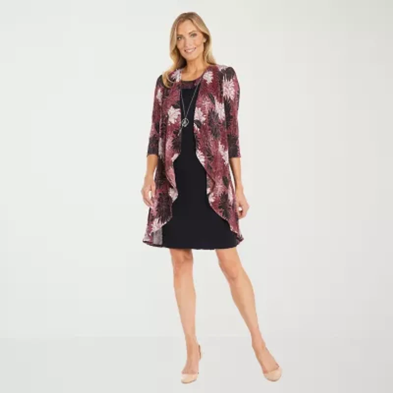 R & M Richards Womens Floral Jacket Dress With Removable Necklace Petite