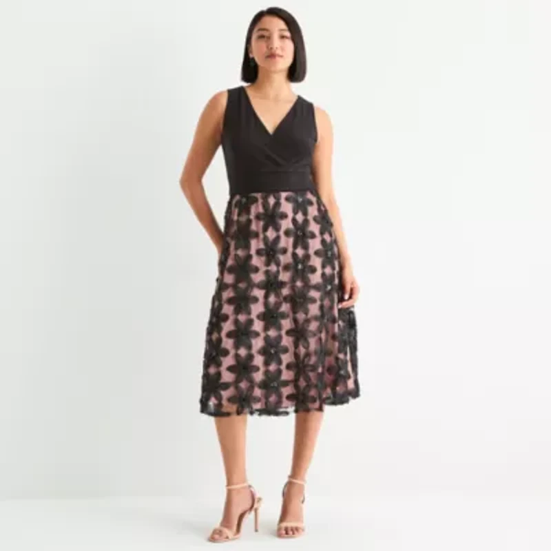 Brianna Milay Womens Sleeveless Applique Embroidered Floral Fit + Flare Dress