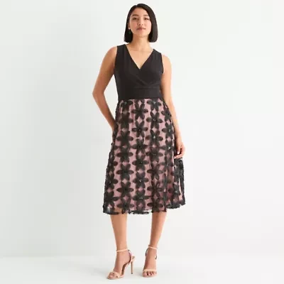 Brianna Milay Womens Sleeveless Applique Embroidered Floral Fit + Flare Dress