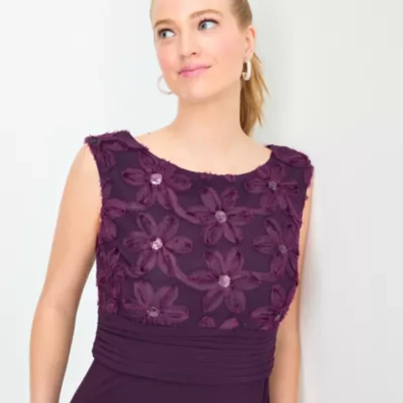 Brianna Milay Womens Applique Embroidered Sleeveless Evening Gown