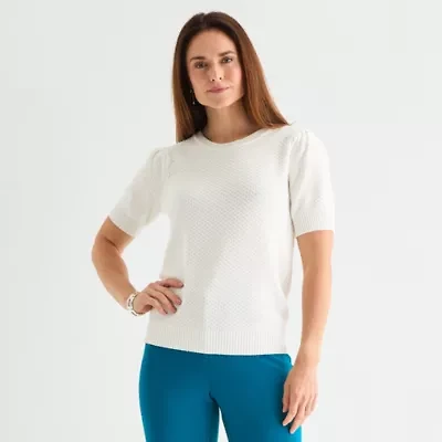 Liz Claiborne Womens Crew Neck Short Sleeve Pullover Sweater