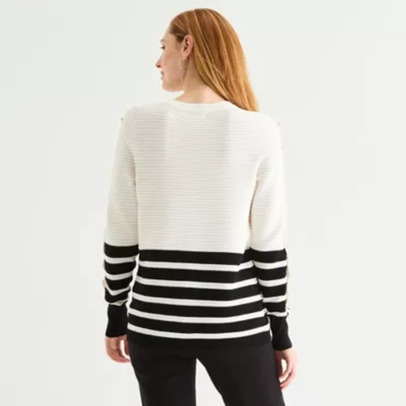 Liz Claiborne Womens Crew Neck Long Sleeve Striped Pullover Sweater