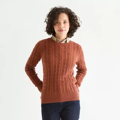 St. John's Bay Womens Crew Neck Long Sleeve Cable Knit Pullover Sweater