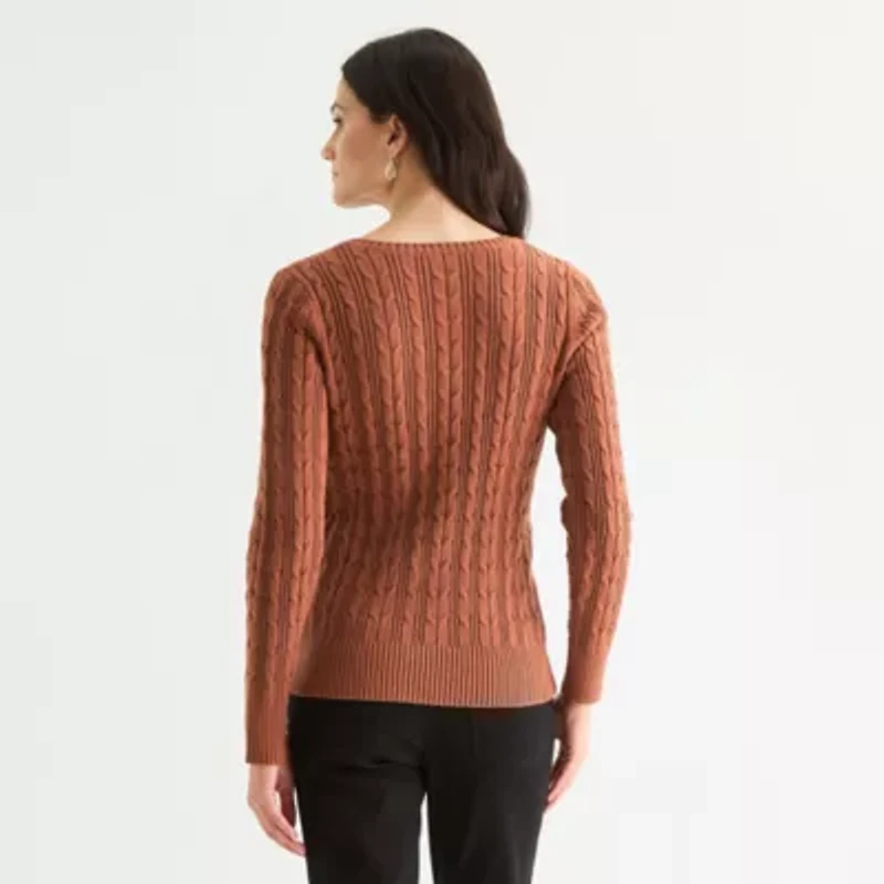 St. John's Bay Womens V Neck Long Sleeve Cable Knit Pullover Sweater