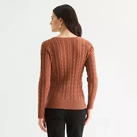 St. John's Bay Womens V Neck Long Sleeve Cable Knit Pullover Sweater