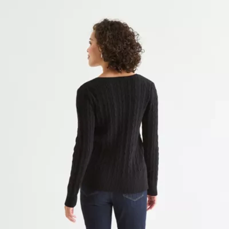 St. John's Bay Womens V Neck Long Sleeve Cable Knit Pullover Sweater