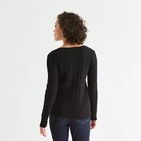 St. John's Bay Womens V Neck Long Sleeve Cable Knit Pullover Sweater