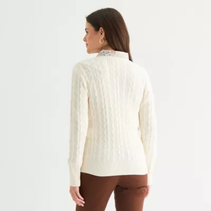 St. John's Bay Womens V Neck Long Sleeve Cable Knit Pullover Sweater