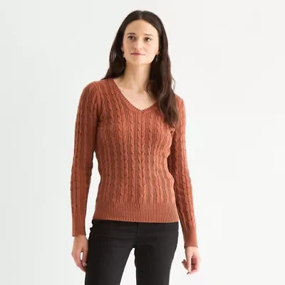 St. John's Bay Womens V Neck Long Sleeve Cable Knit Pullover Sweater