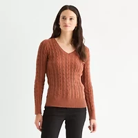 St. John's Bay Womens V Neck Long Sleeve Cable Knit Pullover Sweater