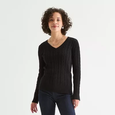 St. John's Bay Womens V Neck Long Sleeve Cable Knit Pullover Sweater