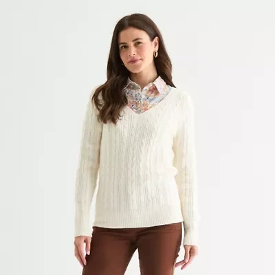 St. John's Bay Womens V Neck Long Sleeve Cable Knit Pullover Sweater