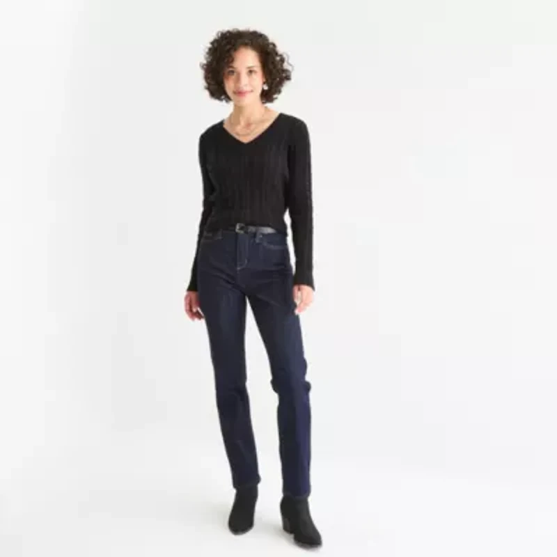 St. John's Bay Womens V Neck Long Sleeve Cable Knit Pullover Sweater