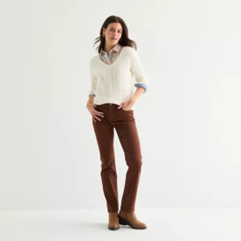 St. John's Bay Womens V Neck Long Sleeve Cable Knit Pullover Sweater