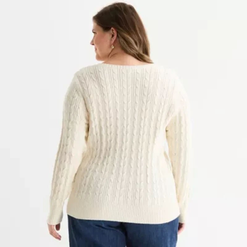 St. John's Bay Plus Womens Crew Neck Long Sleeve Cable Knit Pullover Sweater