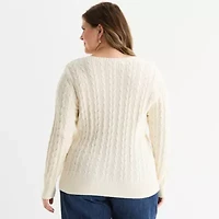 St. John's Bay Plus Womens Crew Neck Long Sleeve Cable Knit Pullover Sweater