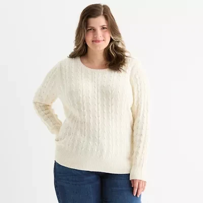 St. John's Bay Plus Womens Crew Neck Long Sleeve Cable Knit Pullover Sweater