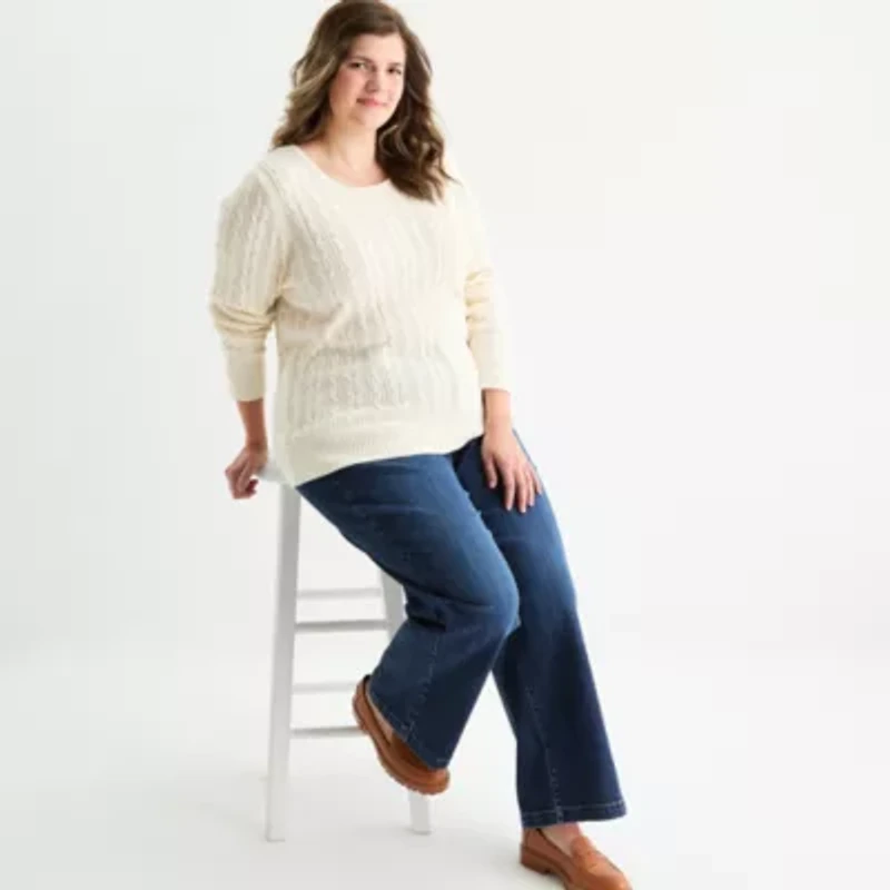 St. John's Bay Plus Womens Crew Neck Long Sleeve Cable Knit Pullover Sweater
