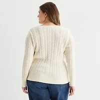 St. John's Bay Plus Womens V Neck Long Sleeve Cable Knit Pullover Sweater