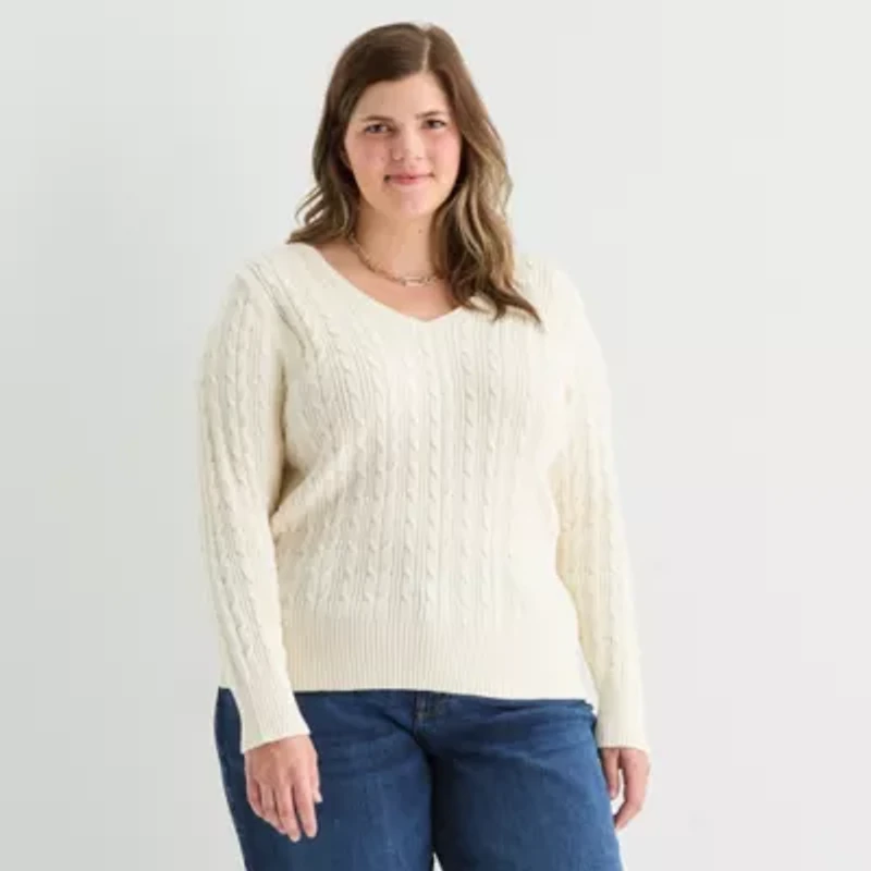 St. John's Bay Plus Womens V Neck Long Sleeve Cable Knit Pullover Sweater