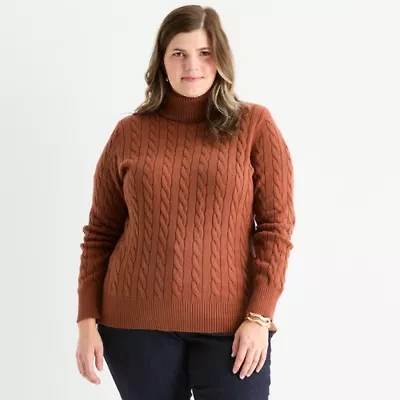 St. John's Bay Plus Womens Turtleneck Long Sleeve Cable Knit Pullover Sweater