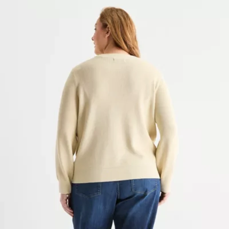 Liz Claiborne Plus Womens Crew Neck Long Sleeve Pullover Sweater