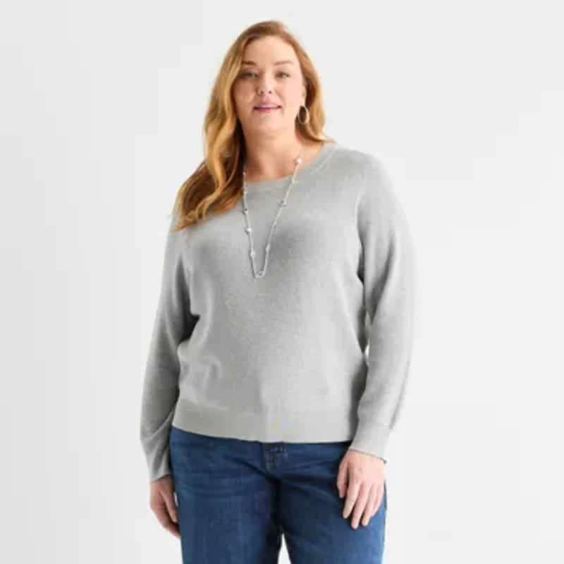 Liz Claiborne Plus Womens Crew Neck Long Sleeve Pullover Sweater