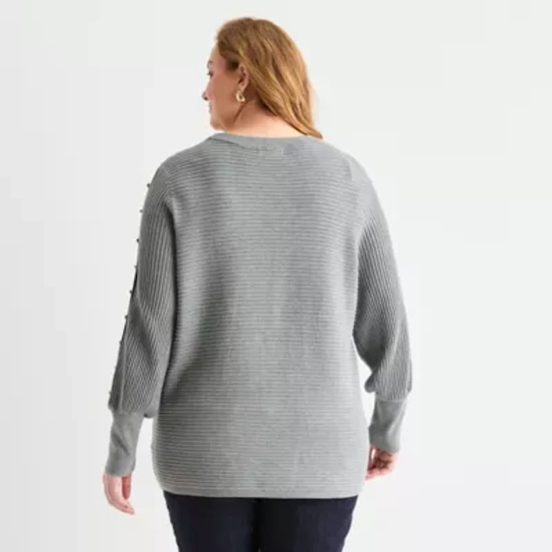 Liz Claiborne Plus Womens Crew Neck Long Sleeve Pullover Sweater