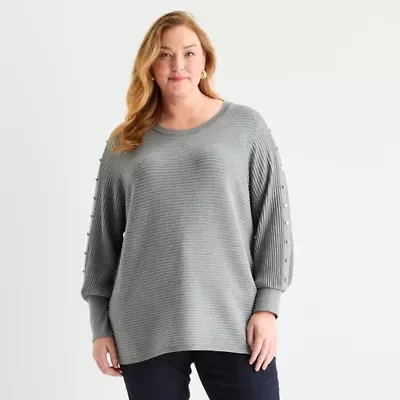 Liz Claiborne Plus Womens Crew Neck Long Sleeve Pullover Sweater