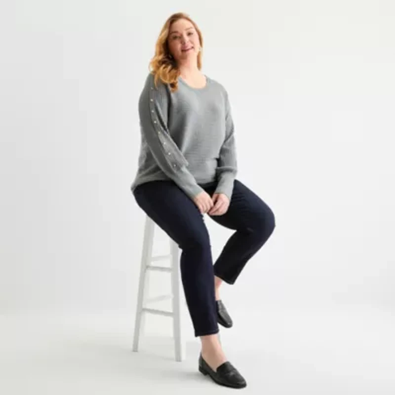 Liz Claiborne Plus Womens Crew Neck Long Sleeve Pullover Sweater