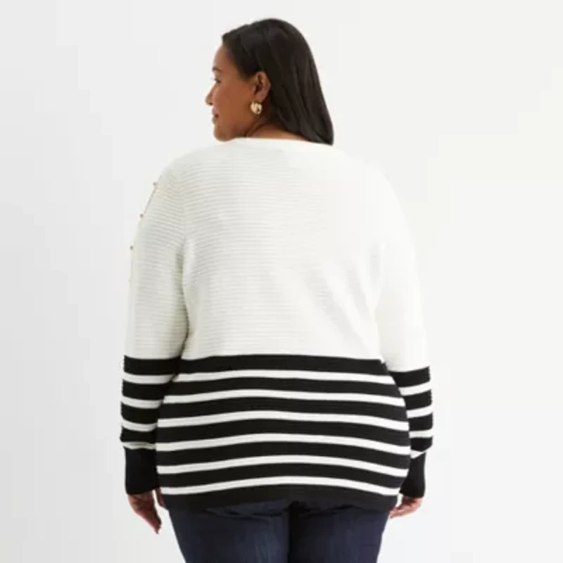 Liz Claiborne Plus Womens Crew Neck Long Sleeve Striped Pullover Sweater