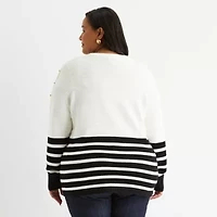 Liz Claiborne Plus Womens Crew Neck Long Sleeve Striped Pullover Sweater