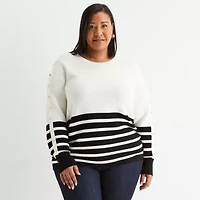Liz Claiborne Plus Womens Crew Neck Long Sleeve Striped Pullover Sweater