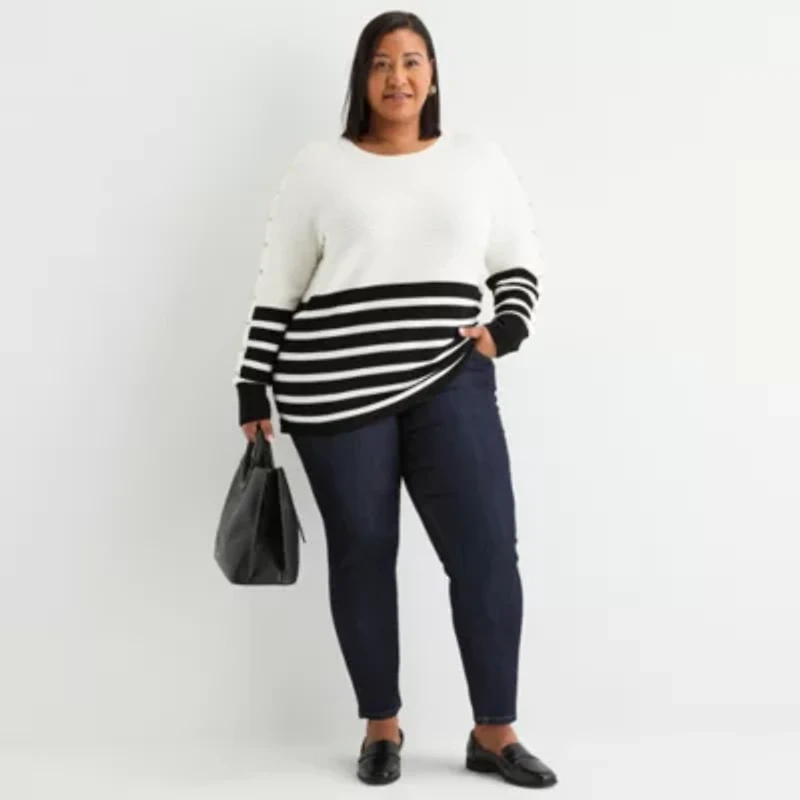 Liz Claiborne Plus Womens Crew Neck Long Sleeve Striped Pullover Sweater
