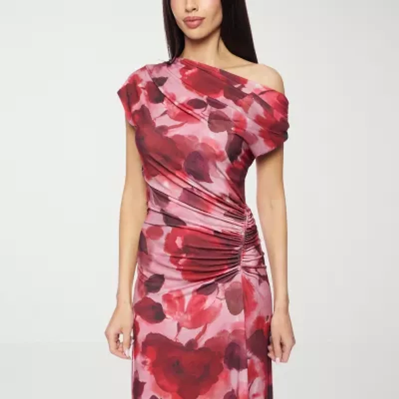 Premier Amour One Shoulder Womens Short Sleeve Floral Maxi Dress