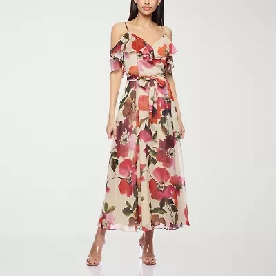 Premier Amour Off The Shoulder Womens Short Sleeve Floral Midi Fit + Flare Dress