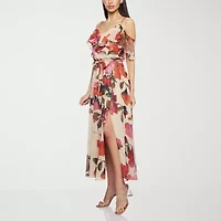 Premier Amour Off The Shoulder Womens Short Sleeve Floral Midi Fit + Flare Dress