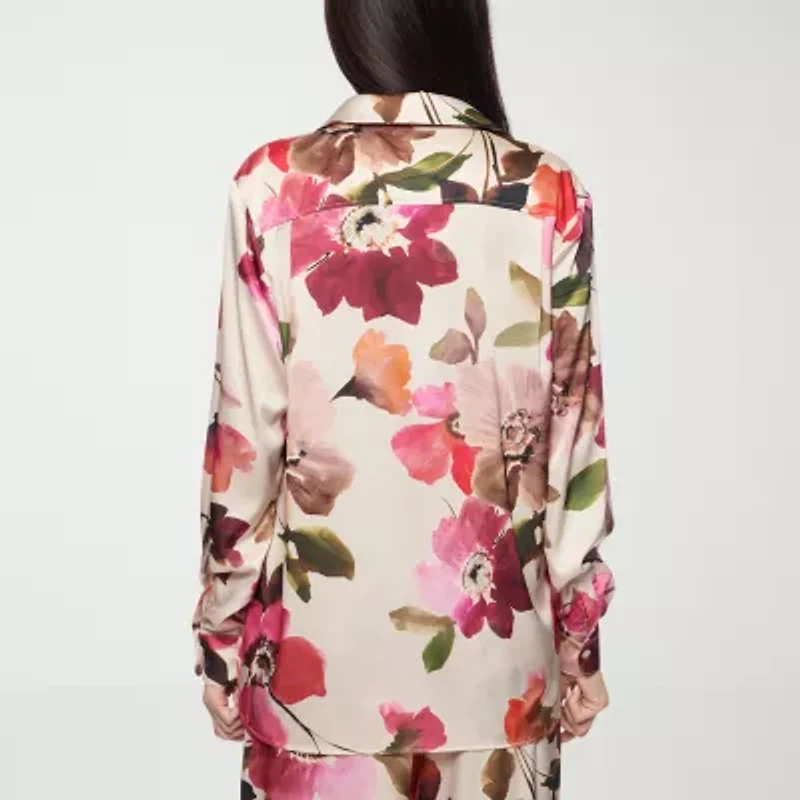 Premier Amour Floral Womens Long Sleeve Satin Blouse