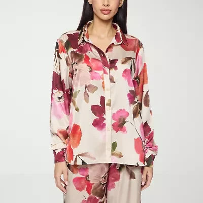 Premier Amour Floral Womens Long Sleeve Satin Blouse