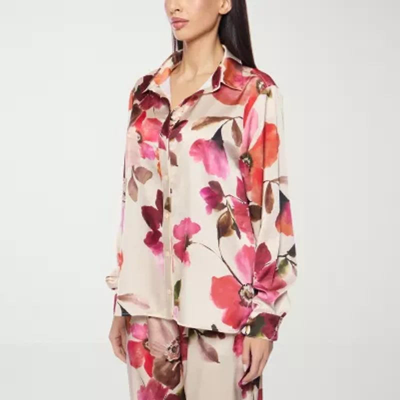 Premier Amour Floral Womens Long Sleeve Satin Blouse