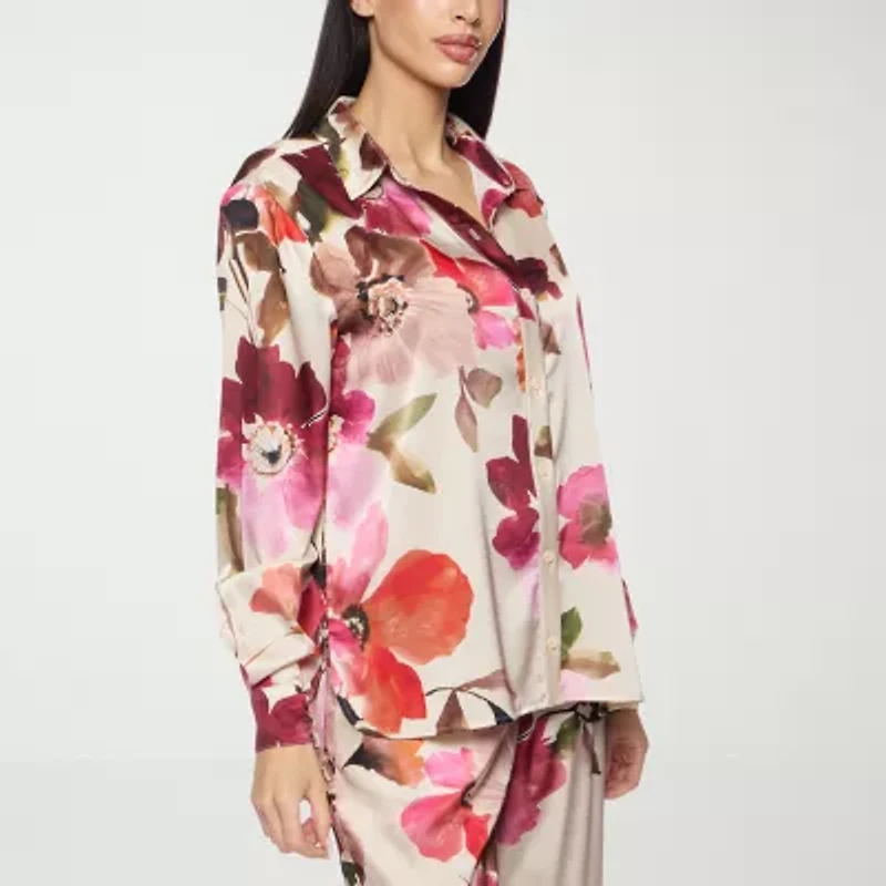 Premier Amour Floral Womens Long Sleeve Satin Blouse