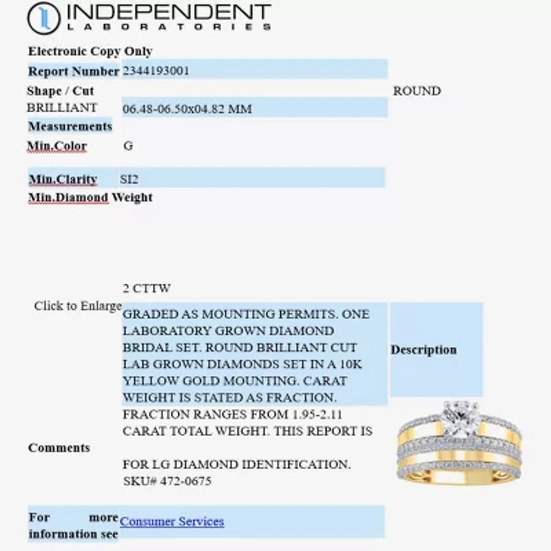 (G / Si2) Womens 2 CT. T.W. Lab Grown White Diamond 10K Gold Side Stone Bridal Set